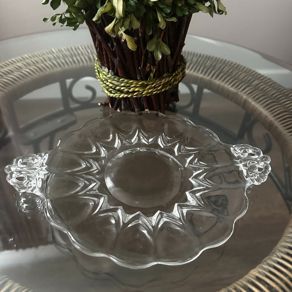 Mosser Glass 7" - 9" Cake Plate in the Nicole Pattern 2 handle clear glass 2000s